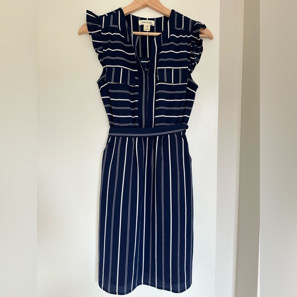 Monteau Blue and White Striped Dress with Belt Size Small